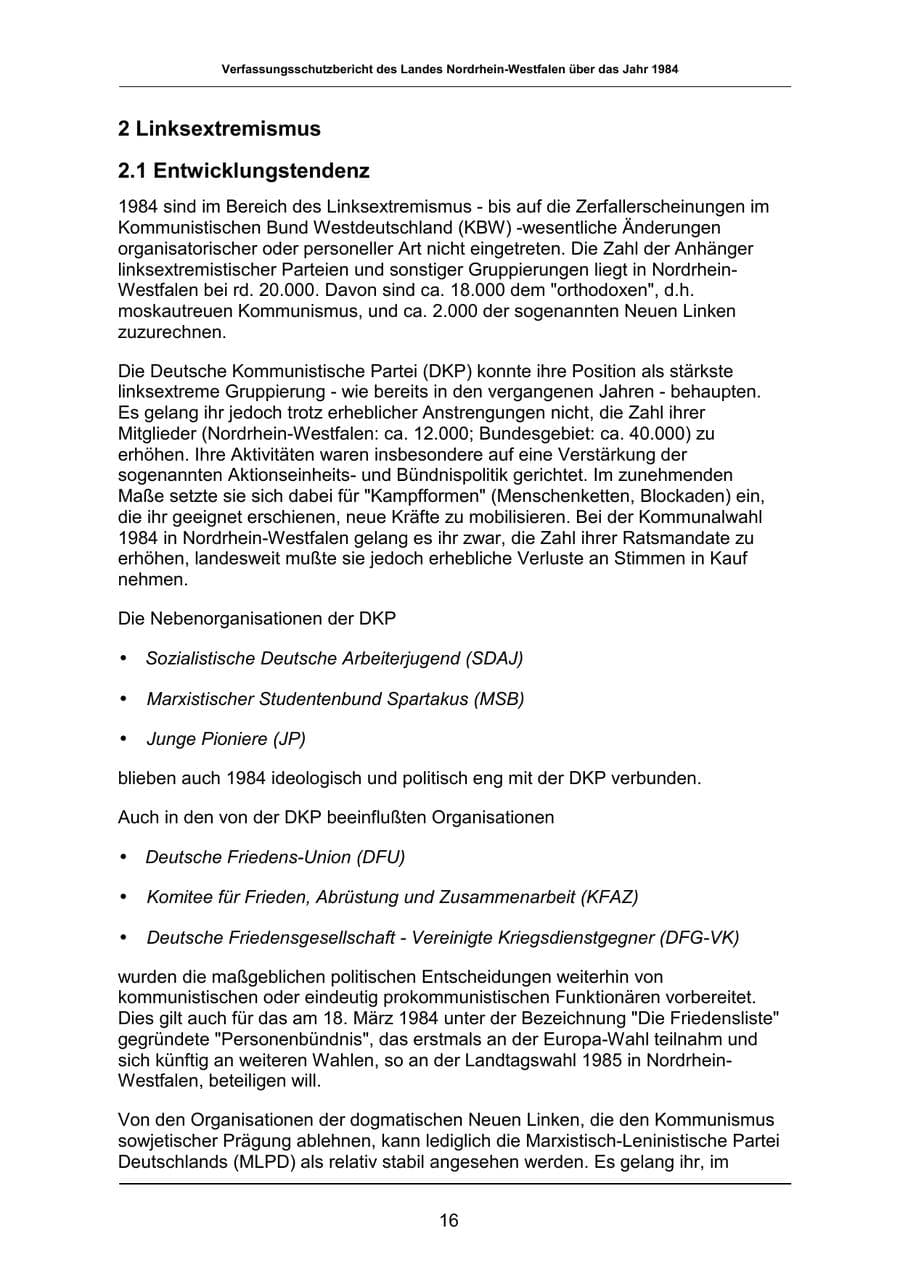 Seite 16 des Verfassungsschutzbericht 1984 Nordrhein-Westfalen