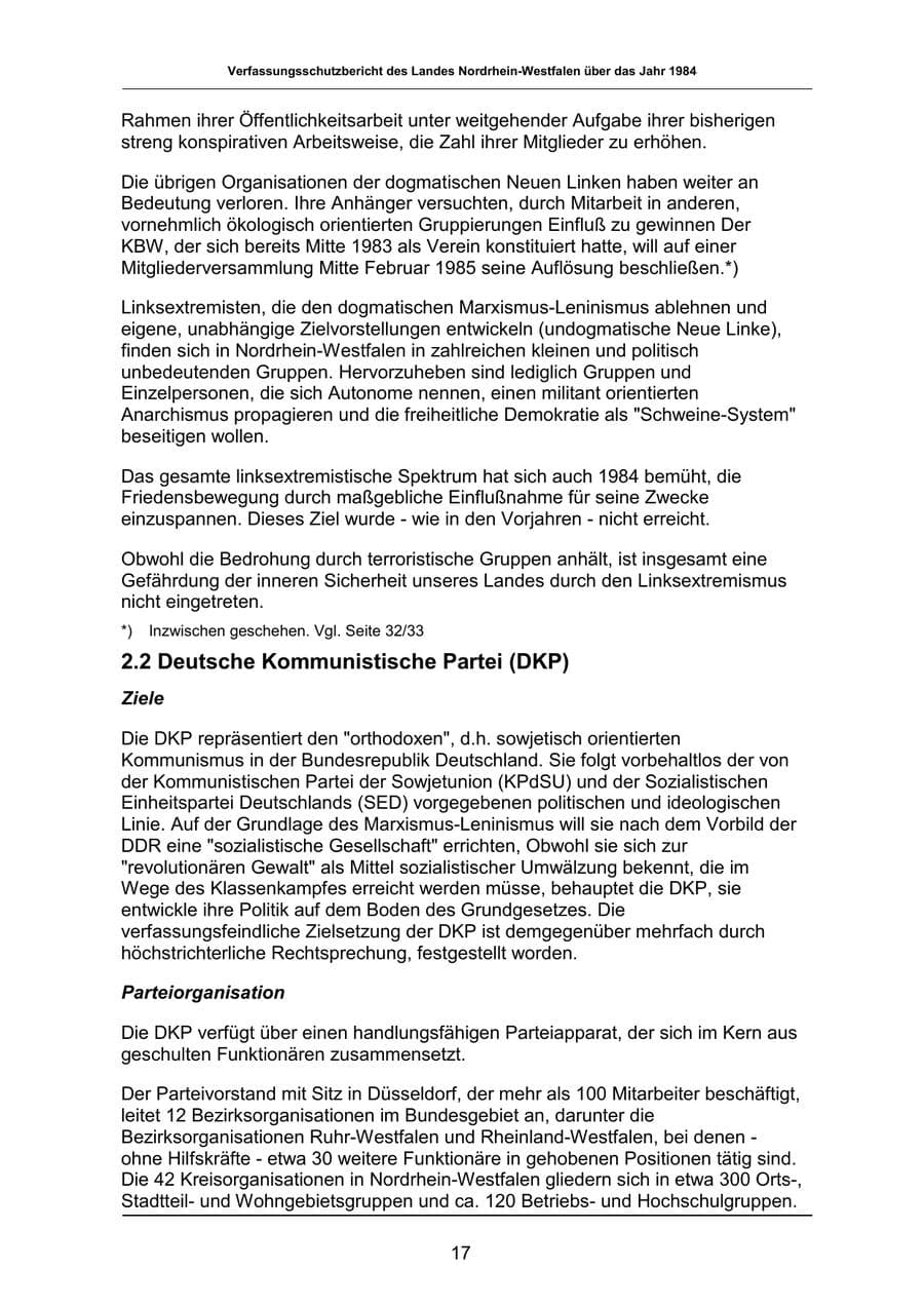Seite 17 des Verfassungsschutzbericht 1984 Nordrhein-Westfalen