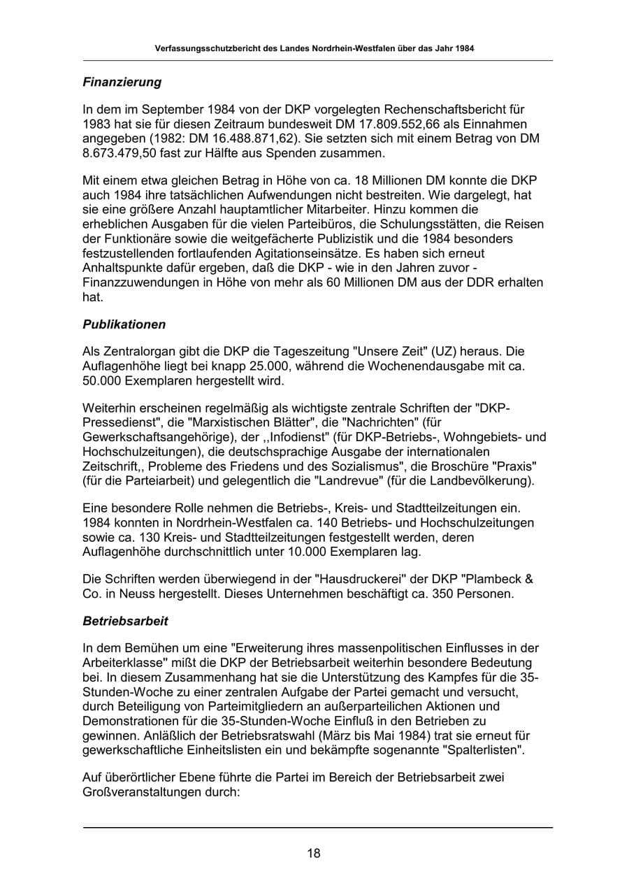 Seite 18 des Verfassungsschutzbericht 1984 Nordrhein-Westfalen