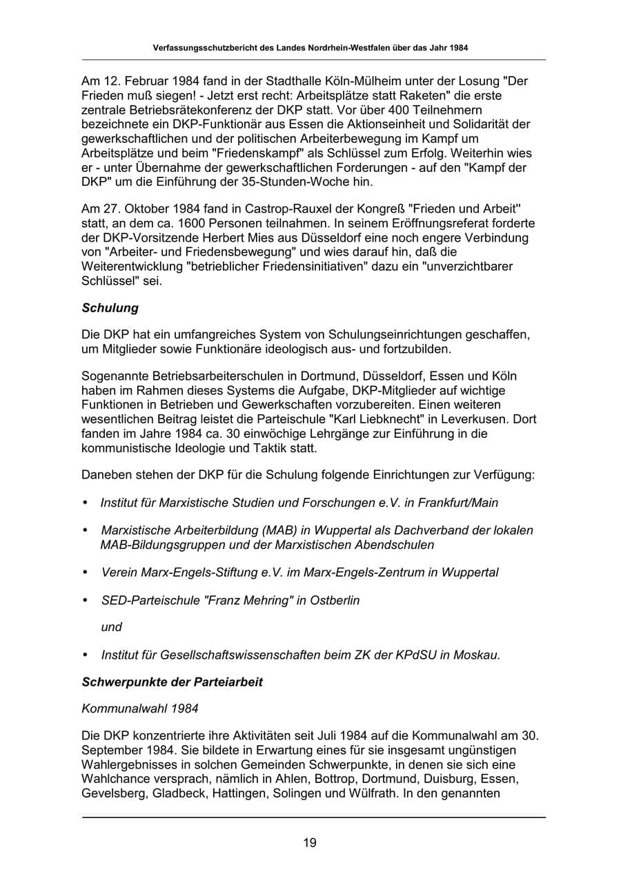Seite 19 des Verfassungsschutzbericht 1984 Nordrhein-Westfalen