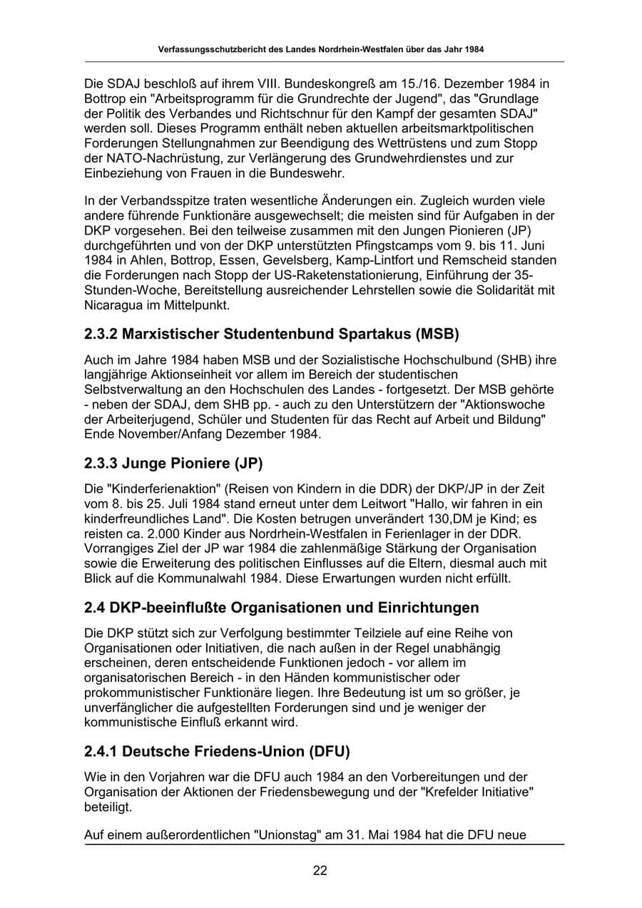 Seite 22 des Verfassungsschutzbericht 1984 Nordrhein-Westfalen