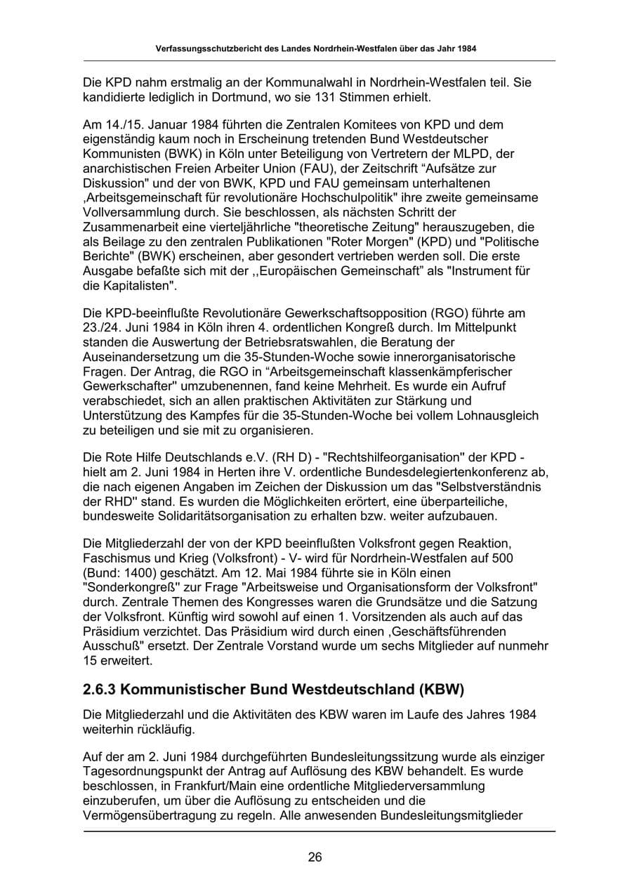 Seite 26 des Verfassungsschutzbericht 1984 Nordrhein-Westfalen