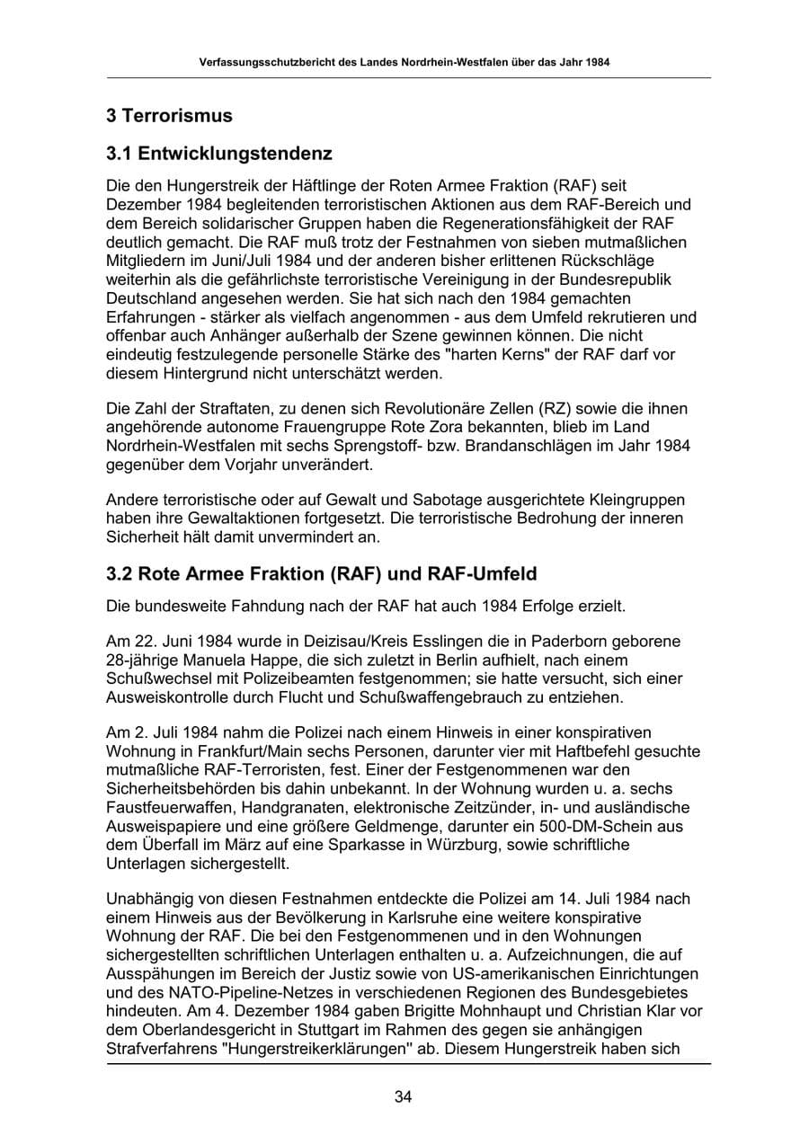 Seite 34 des Verfassungsschutzbericht 1984 Nordrhein-Westfalen