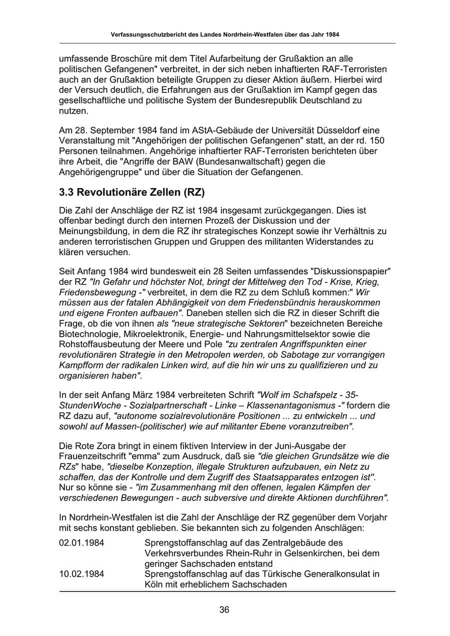 Seite 36 des Verfassungsschutzbericht 1984 Nordrhein-Westfalen