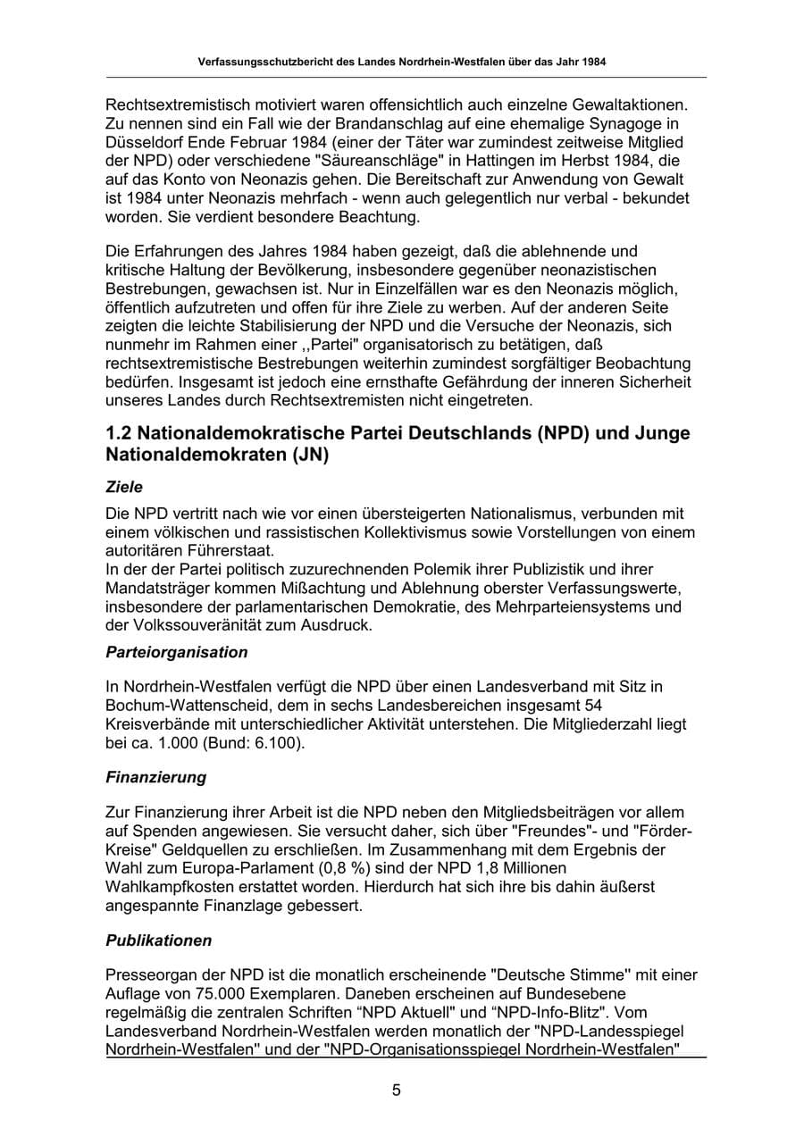 Seite 5 des Verfassungsschutzbericht 1984 Nordrhein-Westfalen