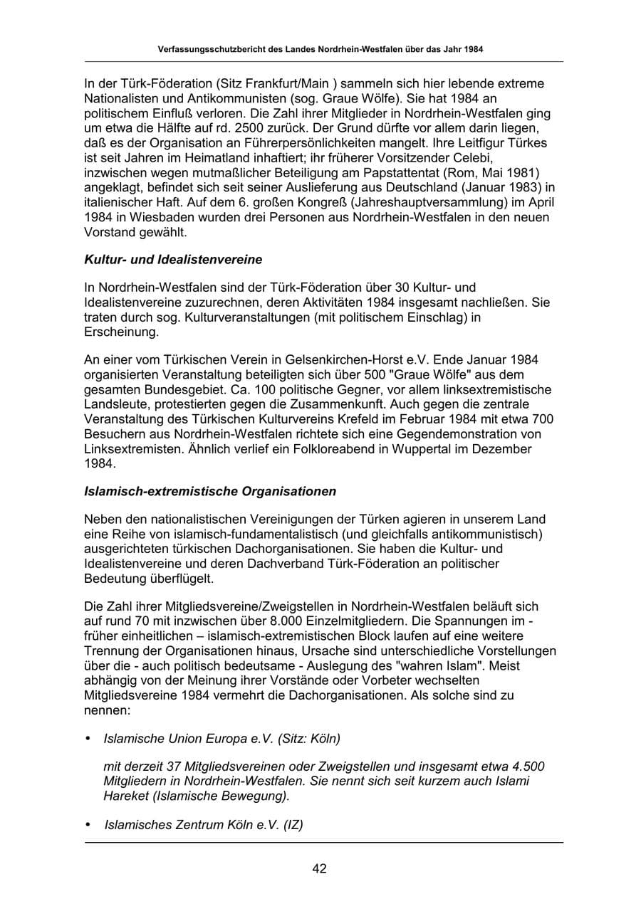 Seite 42 des Verfassungsschutzbericht 1984 Nordrhein-Westfalen