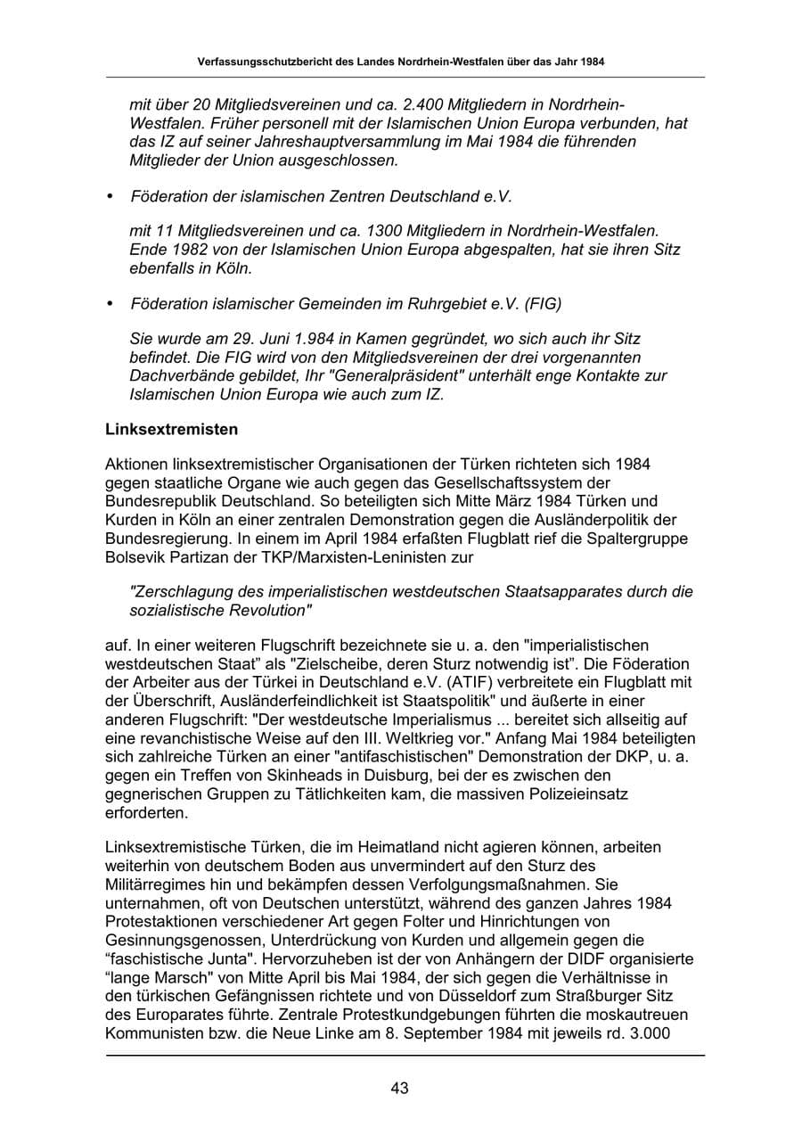 Seite 43 des Verfassungsschutzbericht 1984 Nordrhein-Westfalen