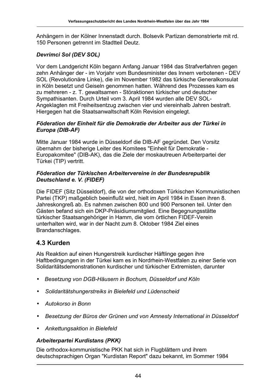 Seite 44 des Verfassungsschutzbericht 1984 Nordrhein-Westfalen
