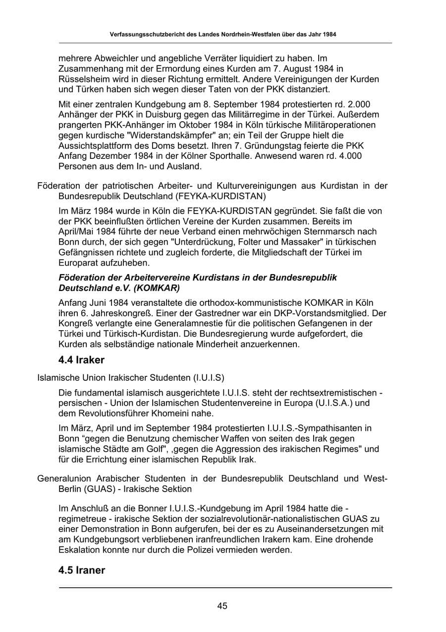 Seite 45 des Verfassungsschutzbericht 1984 Nordrhein-Westfalen