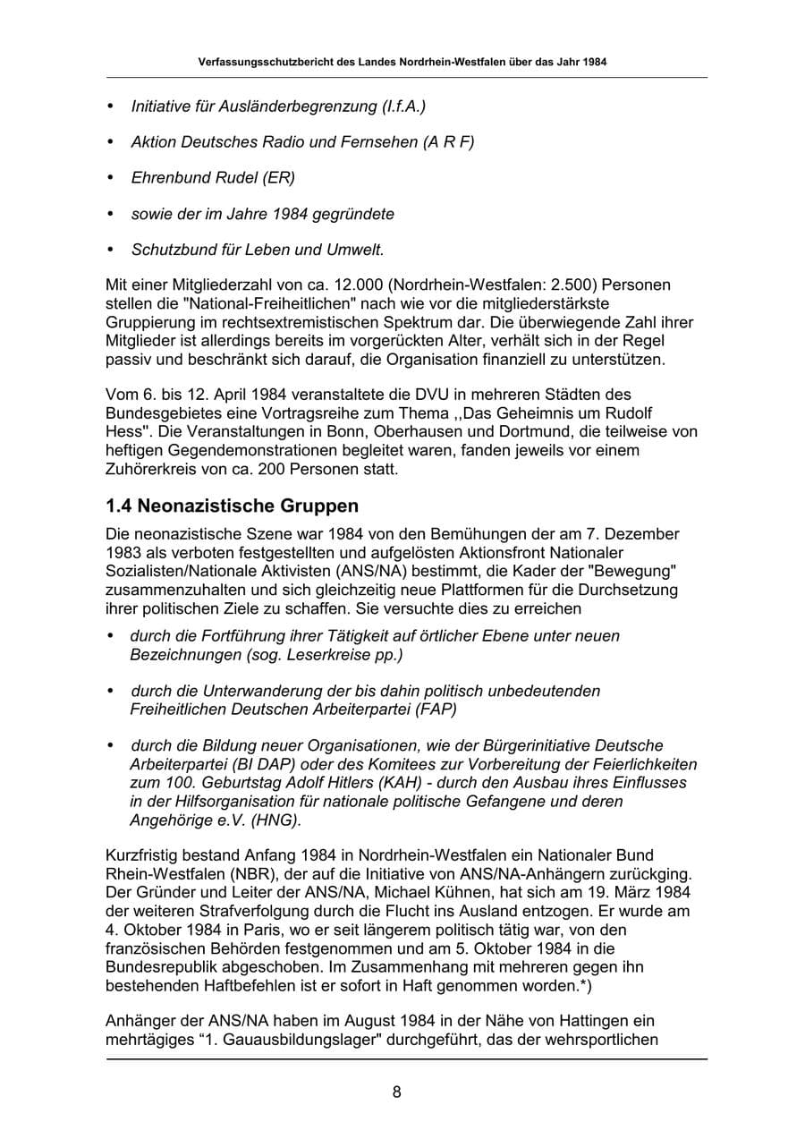 Seite 8 des Verfassungsschutzbericht 1984 Nordrhein-Westfalen