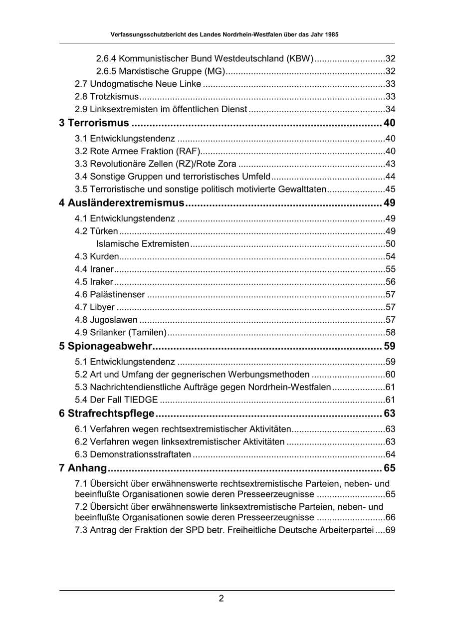 Seite 2 des Verfassungsschutzbericht 1985 Nordrhein-Westfalen