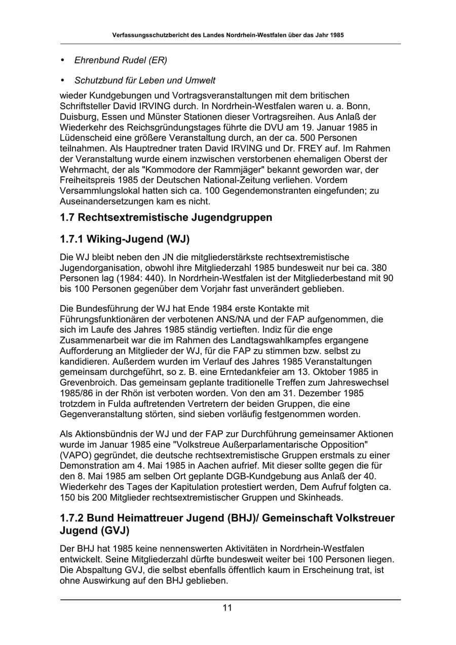 Seite 11 des Verfassungsschutzbericht 1985 Nordrhein-Westfalen
