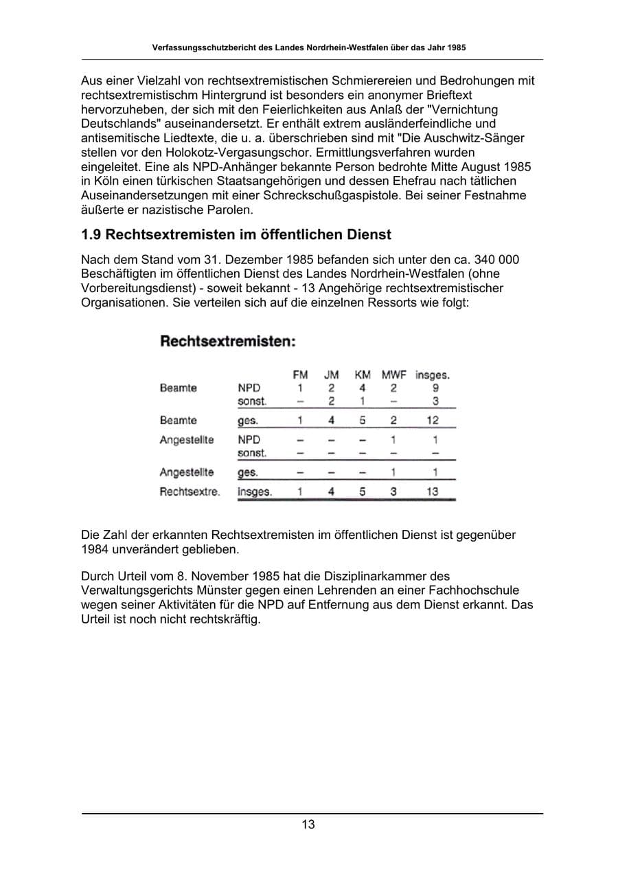 Seite 13 des Verfassungsschutzbericht 1985 Nordrhein-Westfalen