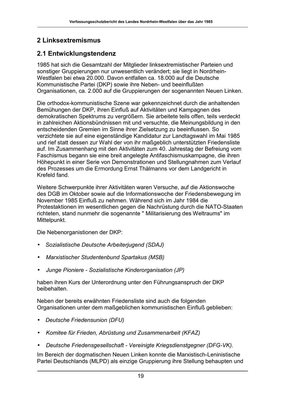 Seite 19 des Verfassungsschutzbericht 1985 Nordrhein-Westfalen