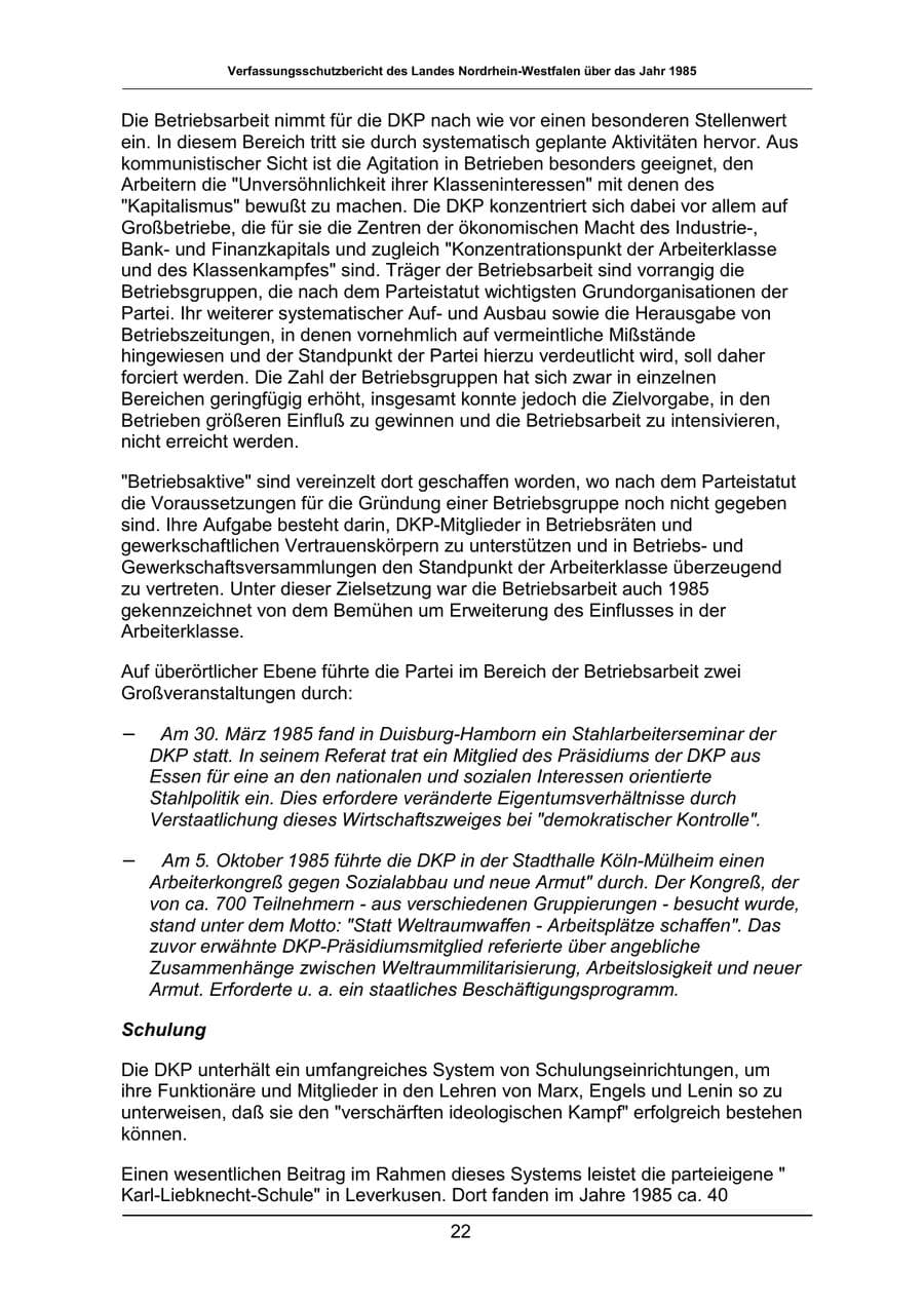 Seite 22 des Verfassungsschutzbericht 1985 Nordrhein-Westfalen