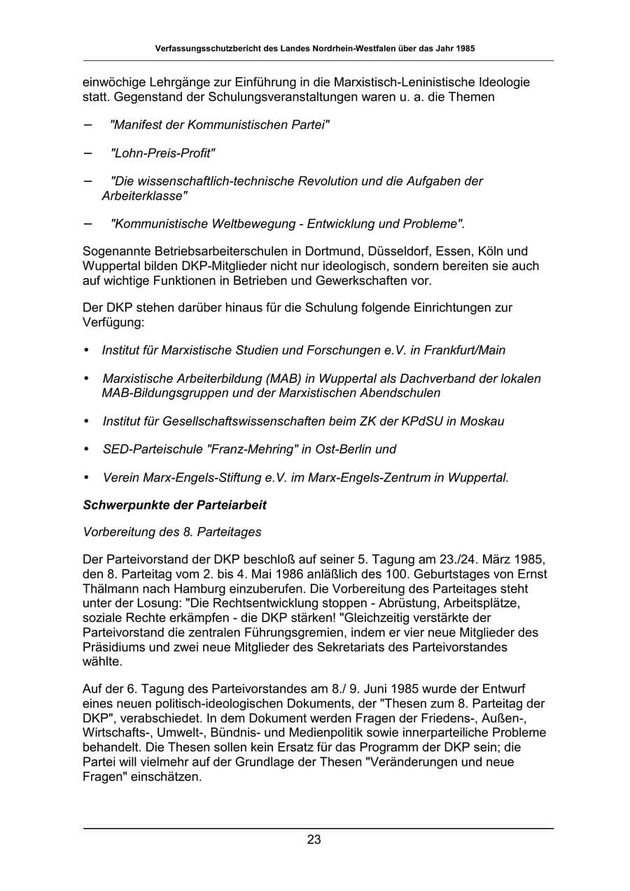 Seite 23 des Verfassungsschutzbericht 1985 Nordrhein-Westfalen