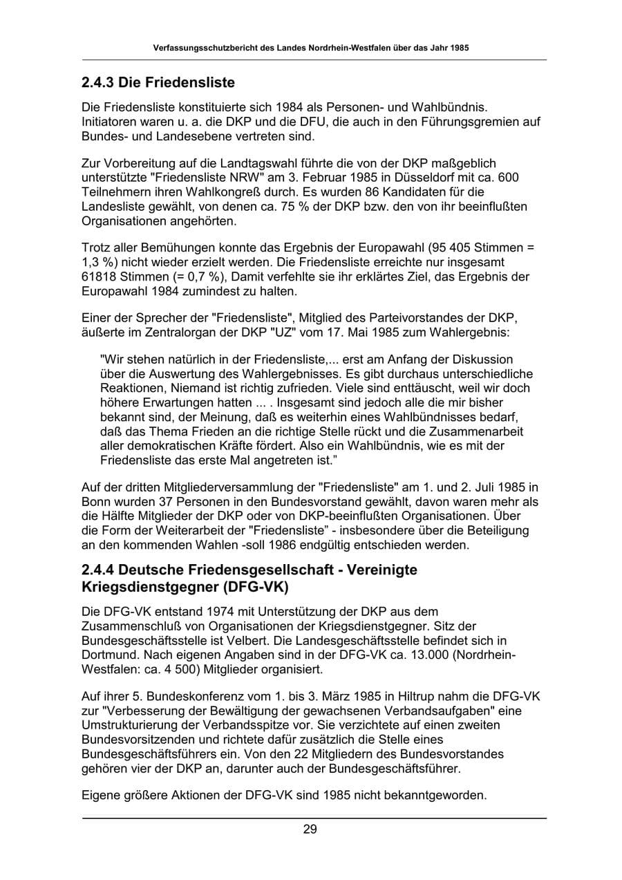 Seite 29 des Verfassungsschutzbericht 1985 Nordrhein-Westfalen