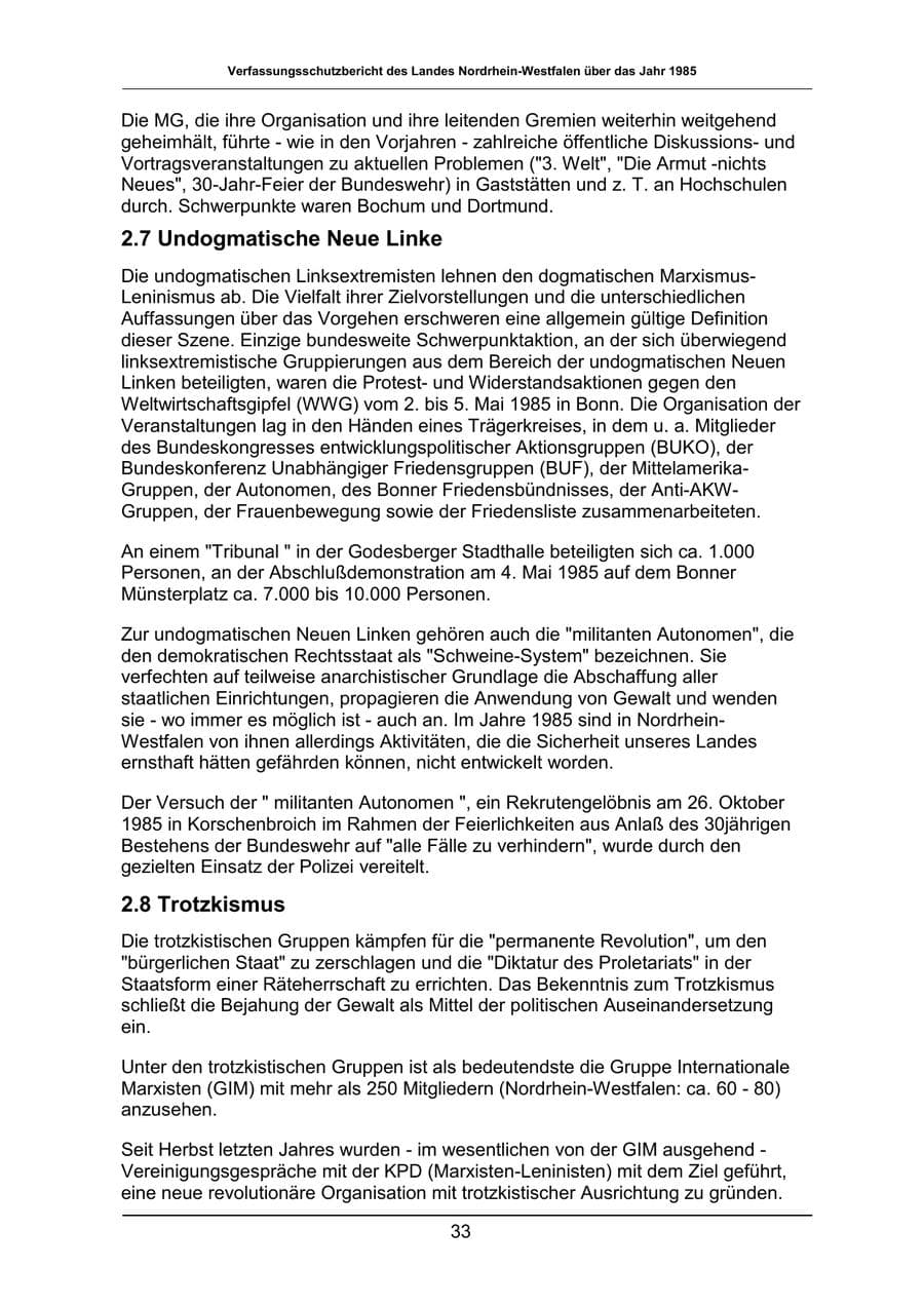 Seite 33 des Verfassungsschutzbericht 1985 Nordrhein-Westfalen
