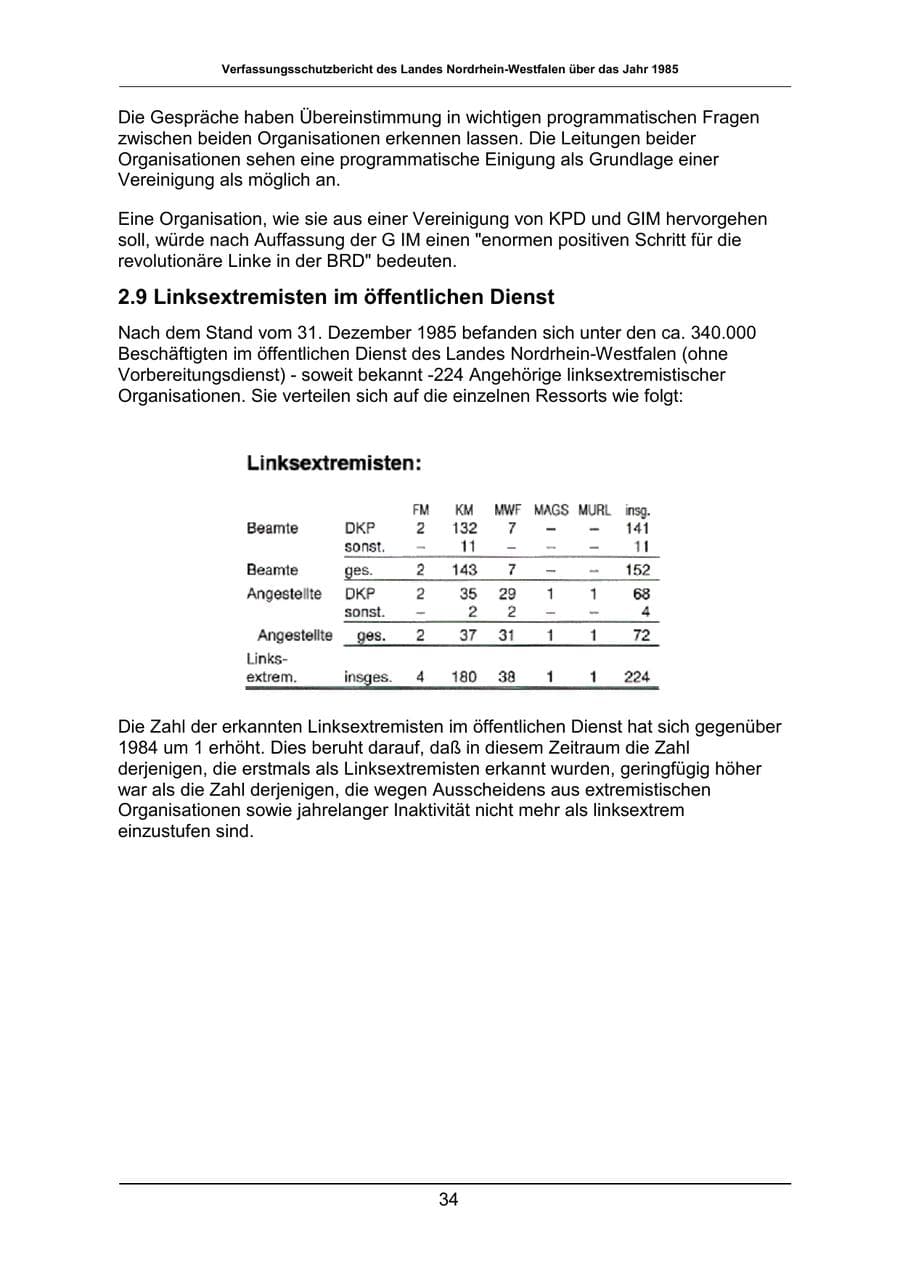 Seite 34 des Verfassungsschutzbericht 1985 Nordrhein-Westfalen