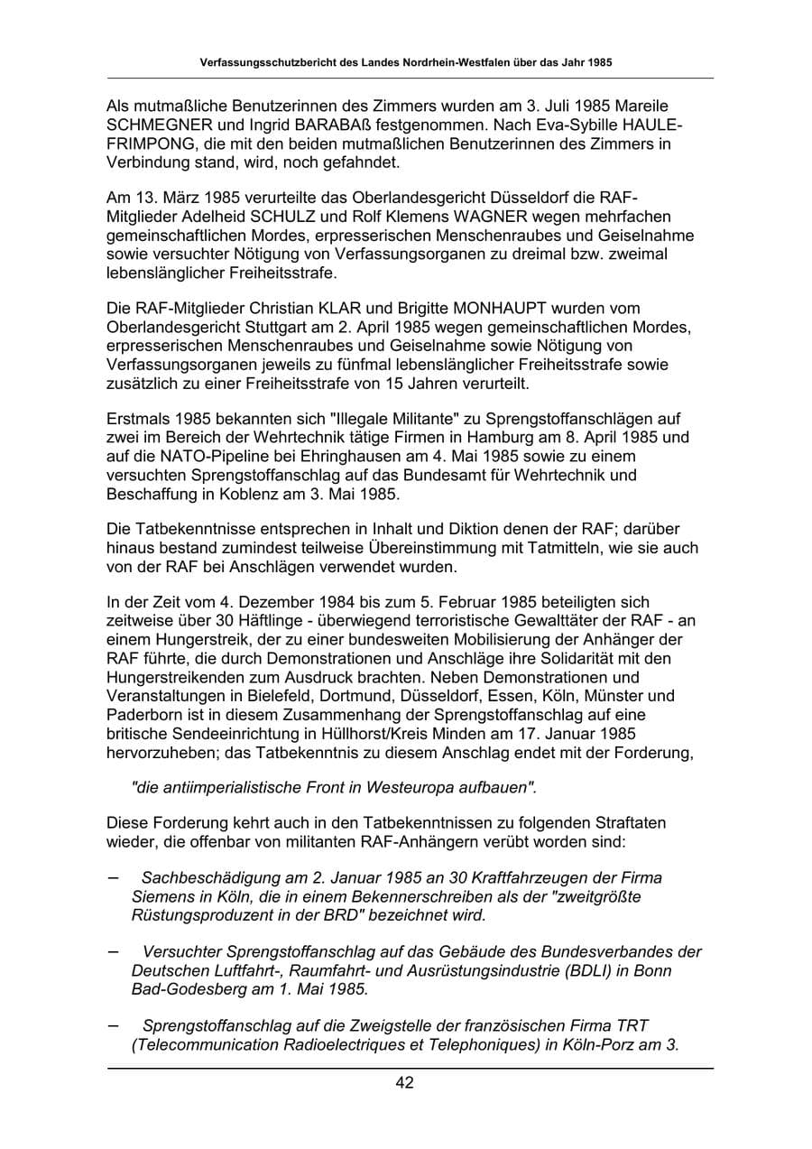 Seite 42 des Verfassungsschutzbericht 1985 Nordrhein-Westfalen
