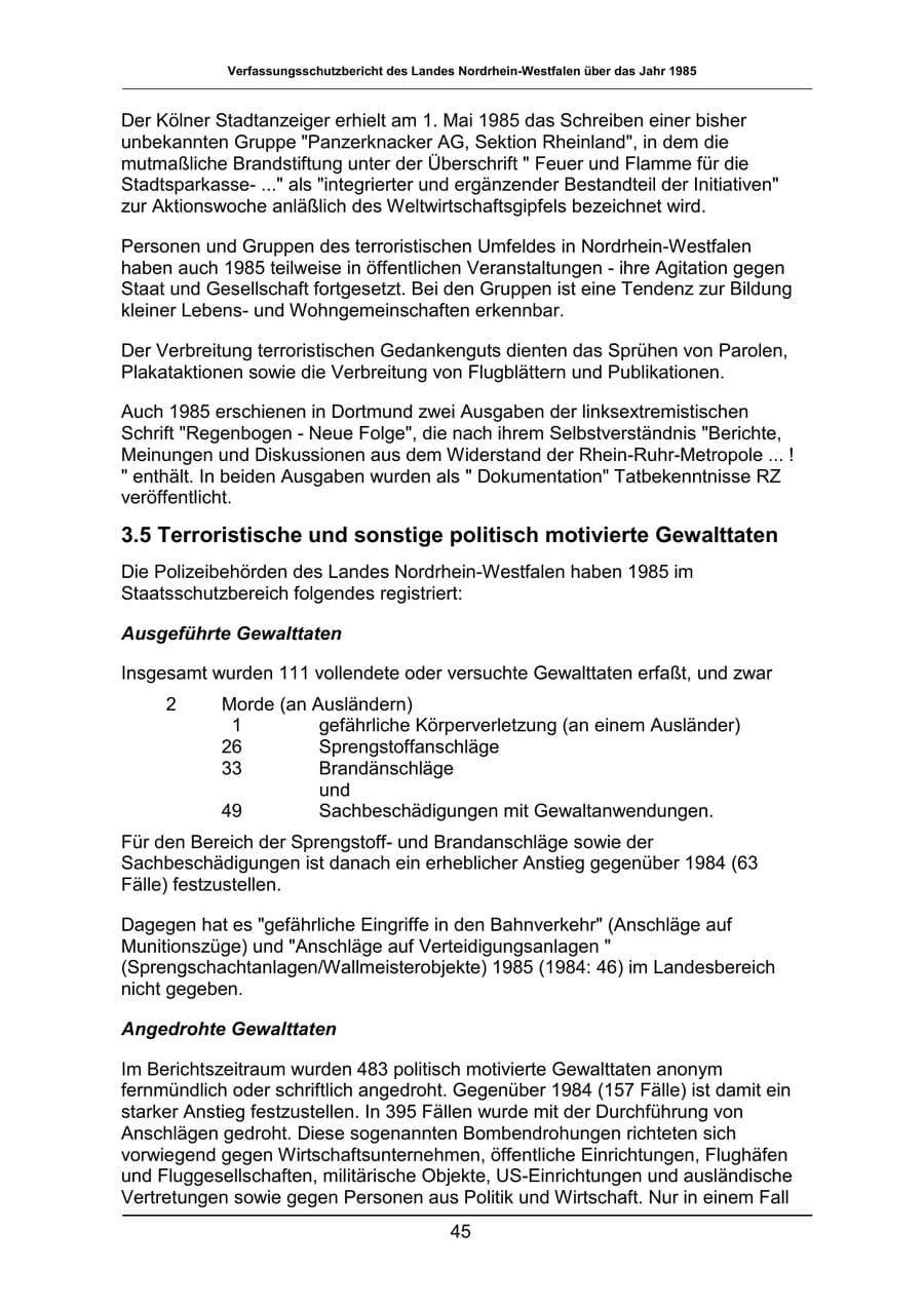 Seite 45 des Verfassungsschutzbericht 1985 Nordrhein-Westfalen