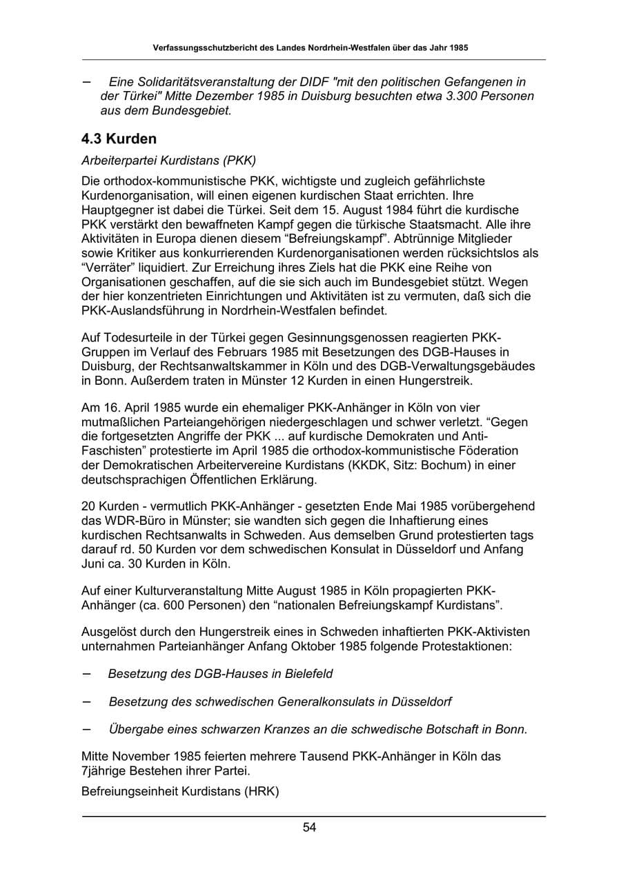 Seite 54 des Verfassungsschutzbericht 1985 Nordrhein-Westfalen