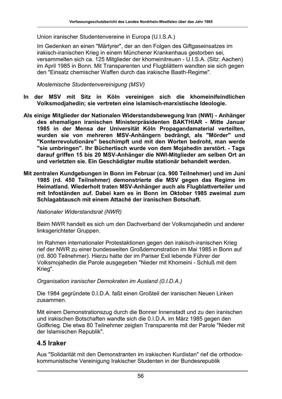 Seite 56 des Verfassungsschutzbericht 1985 Nordrhein-Westfalen
