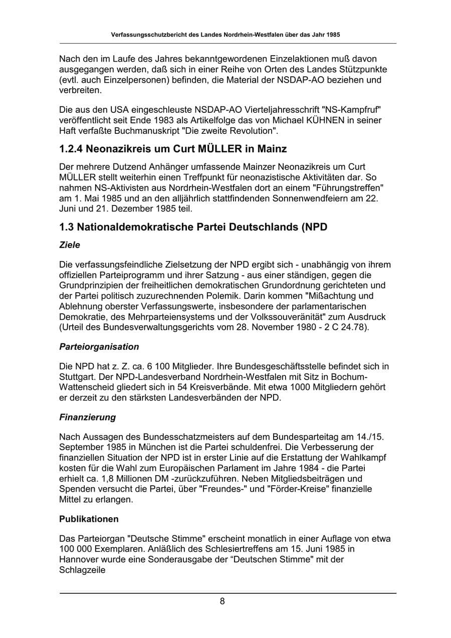 Seite 8 des Verfassungsschutzbericht 1985 Nordrhein-Westfalen