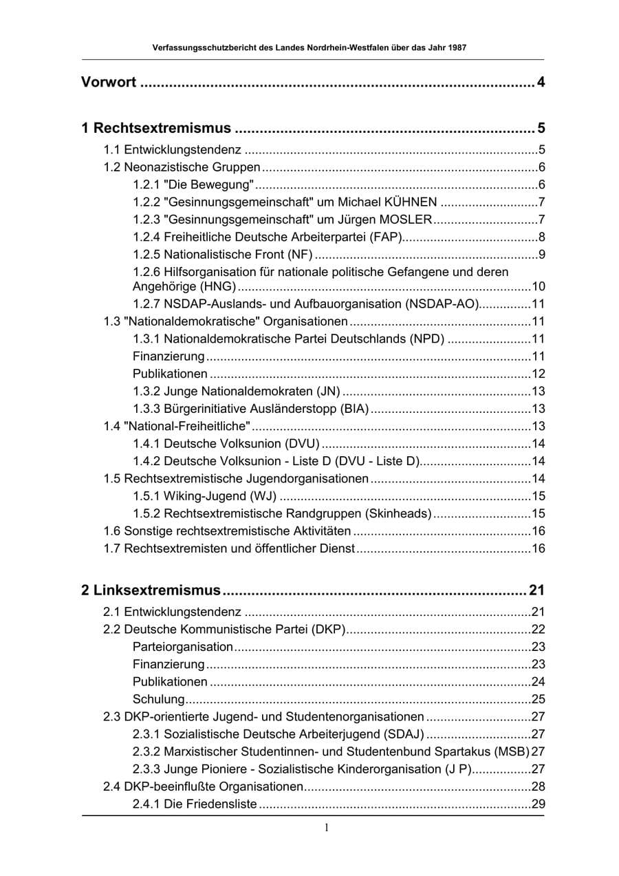 Seite 1 des Verfassungsschutzbericht 1987 Nordrhein-Westfalen
