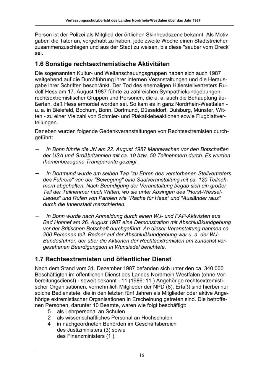 Seite 16 des Verfassungsschutzbericht 1987 Nordrhein-Westfalen