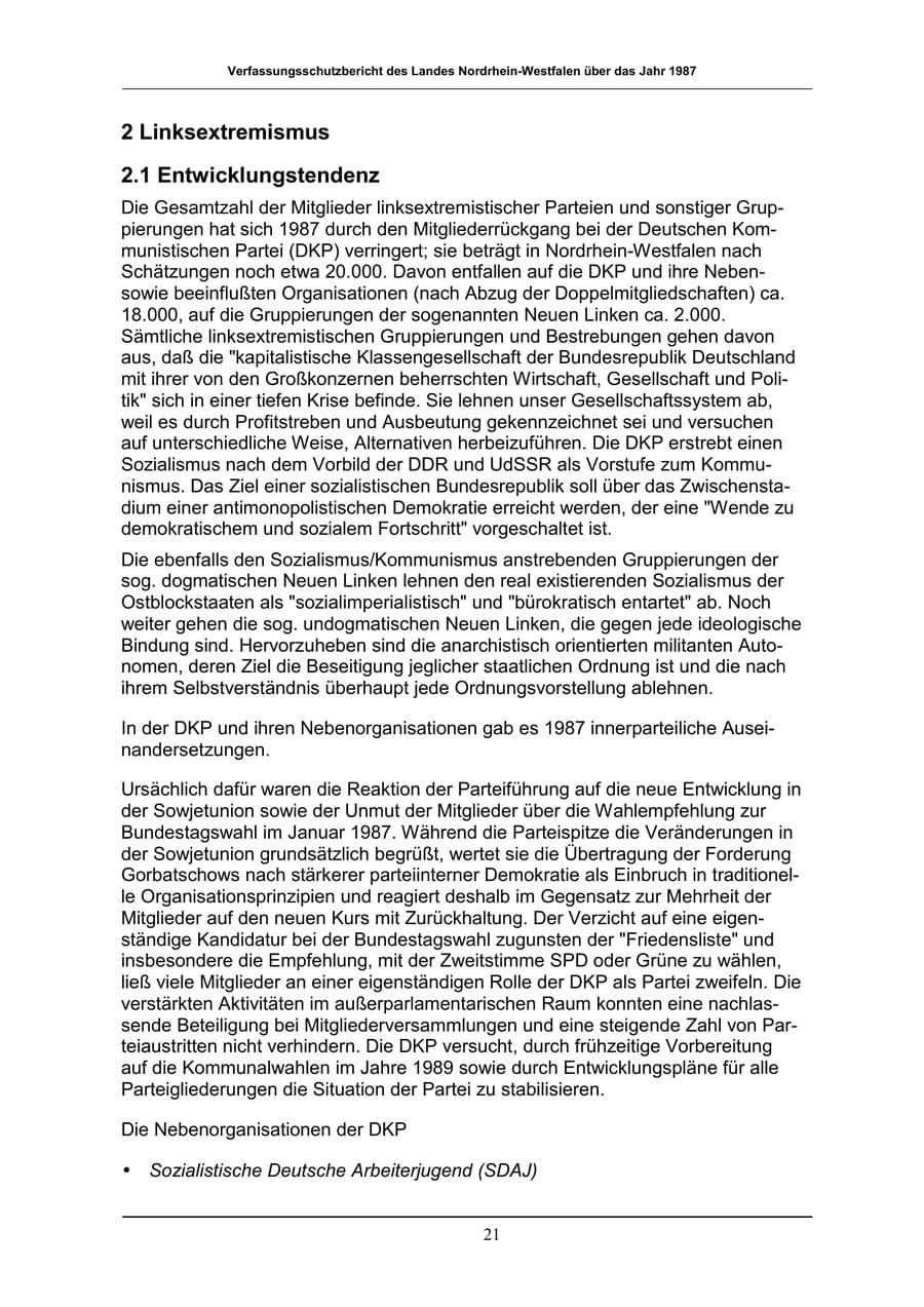 Seite 21 des Verfassungsschutzbericht 1987 Nordrhein-Westfalen