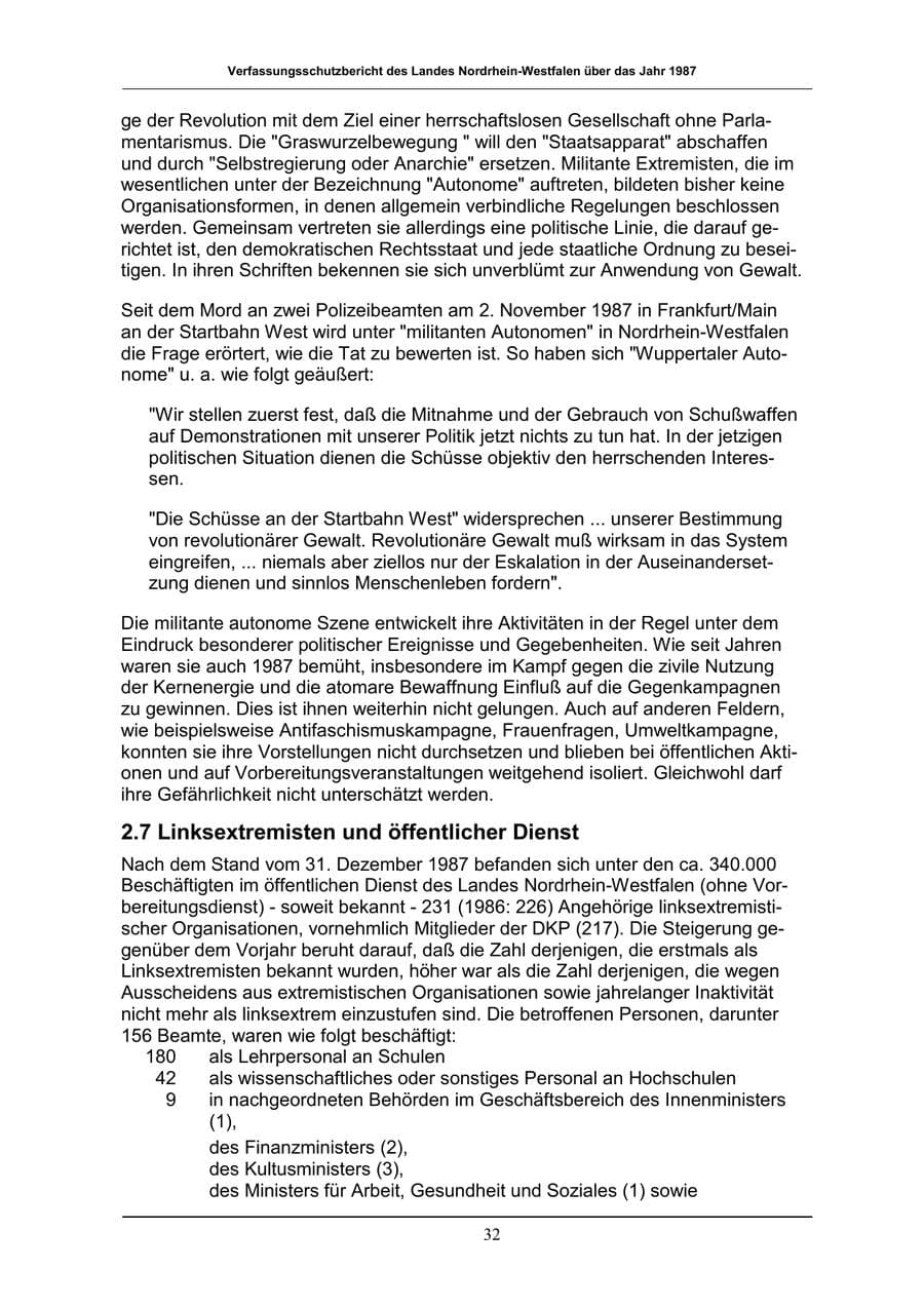 Seite 32 des Verfassungsschutzbericht 1987 Nordrhein-Westfalen