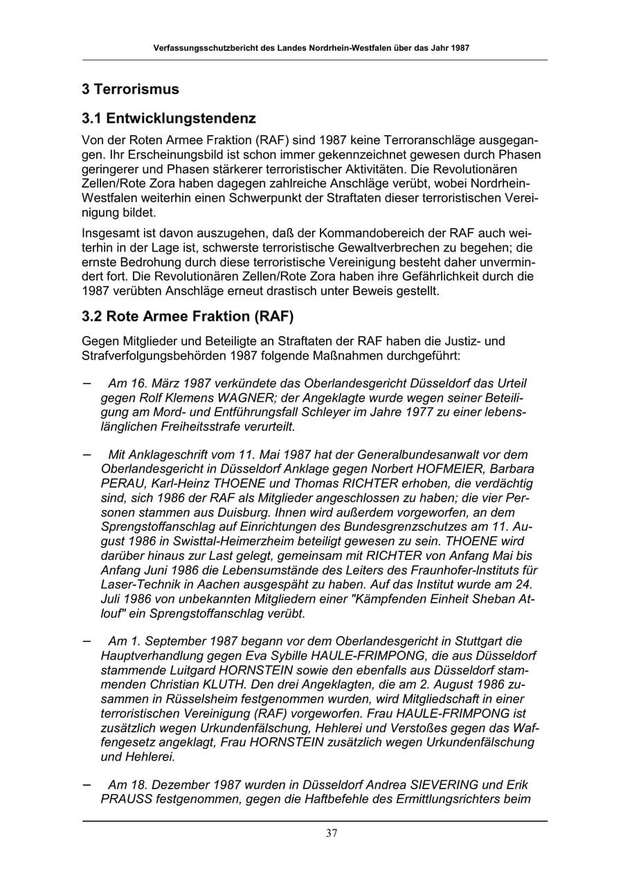 Seite 37 des Verfassungsschutzbericht 1987 Nordrhein-Westfalen