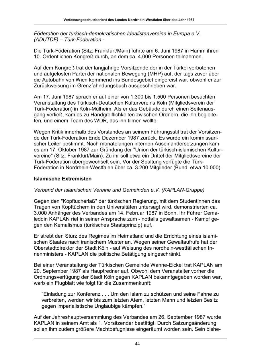 Seite 44 des Verfassungsschutzbericht 1987 Nordrhein-Westfalen