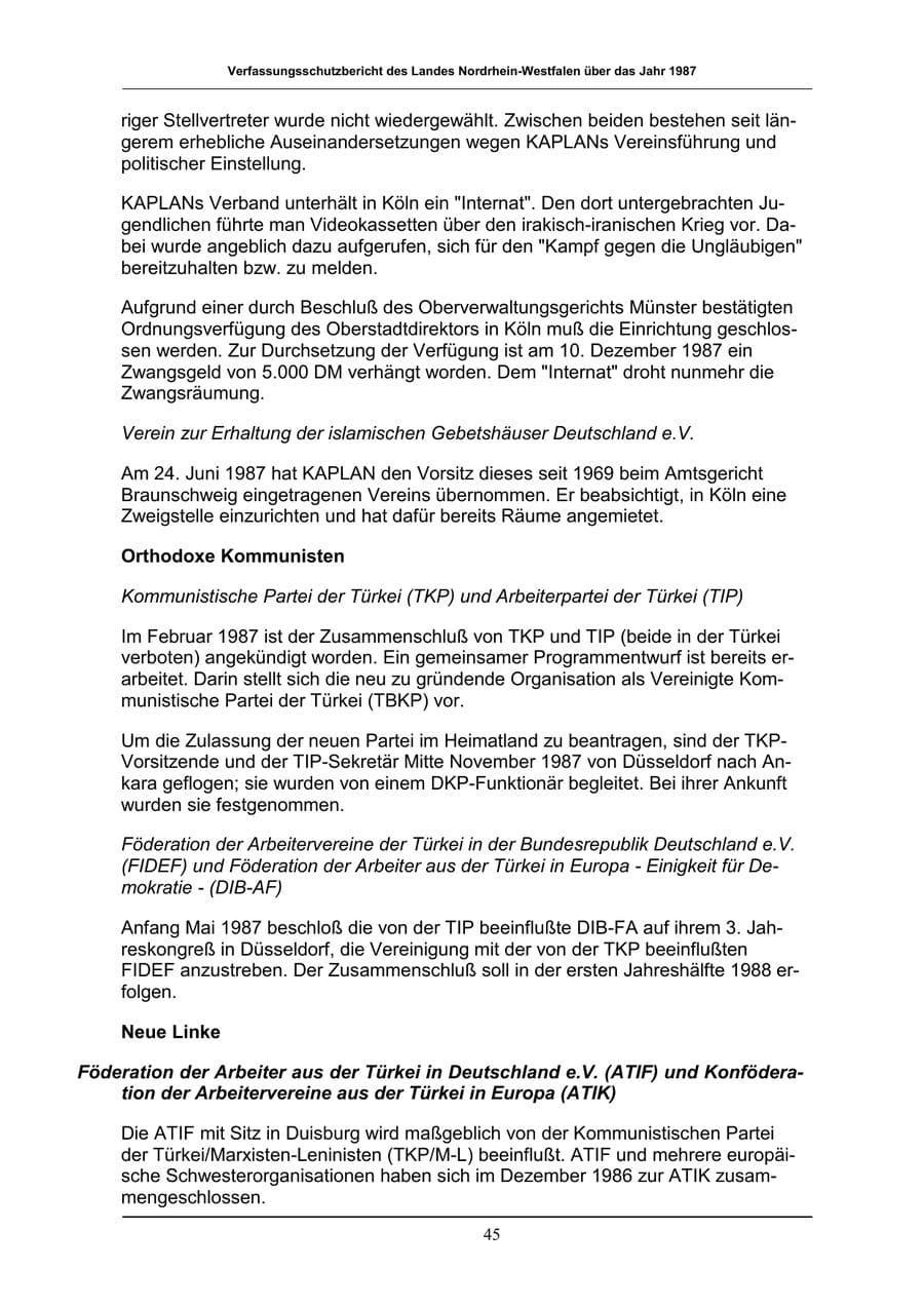 Seite 45 des Verfassungsschutzbericht 1987 Nordrhein-Westfalen