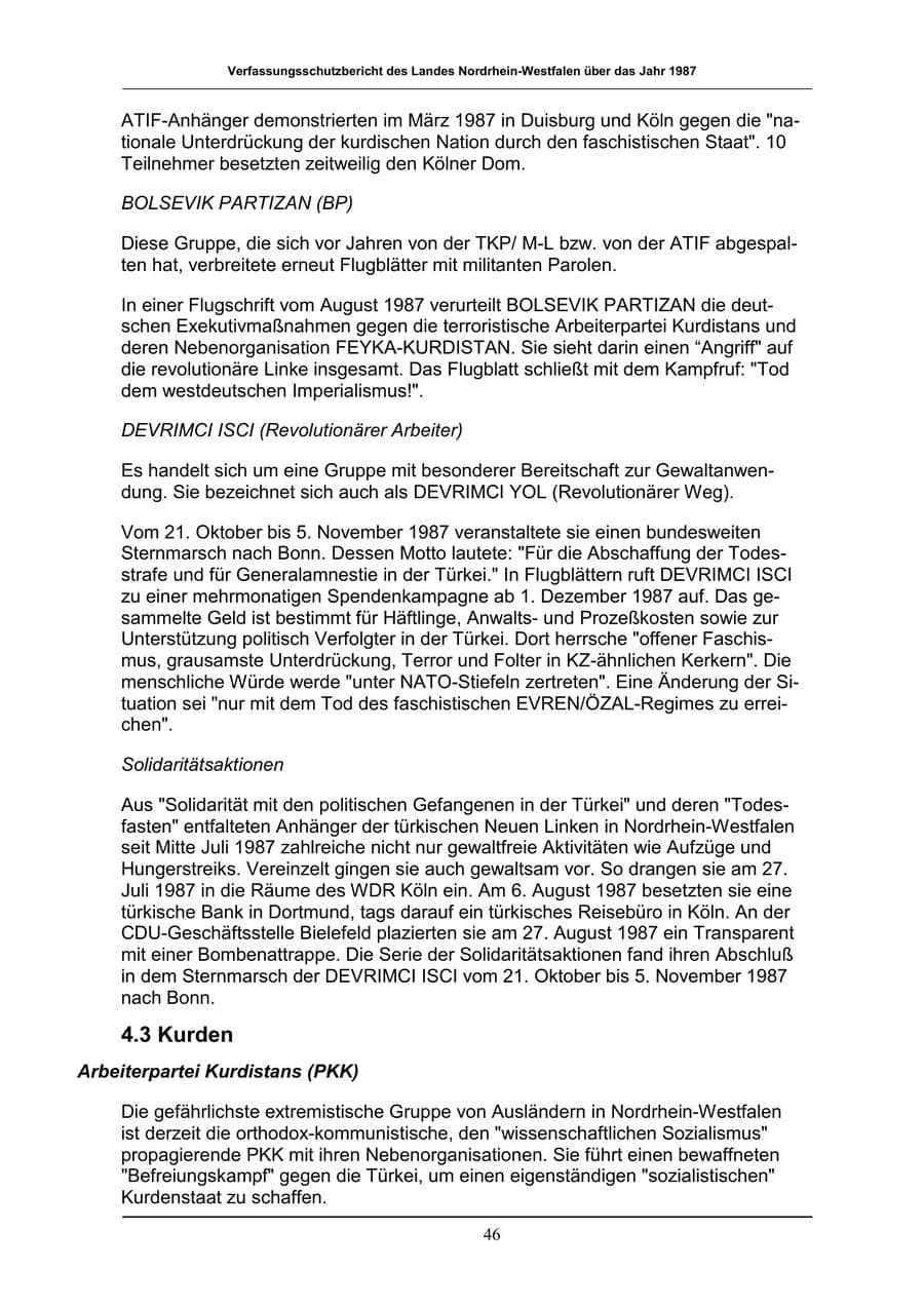 Seite 46 des Verfassungsschutzbericht 1987 Nordrhein-Westfalen