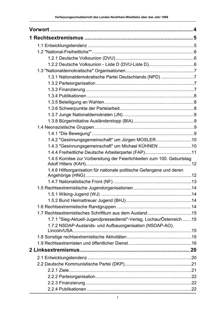 Seite 1 des Verfassungsschutzbericht 1988 Nordrhein-Westfalen