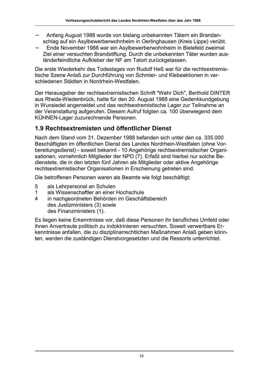 Seite 16 des Verfassungsschutzbericht 1988 Nordrhein-Westfalen