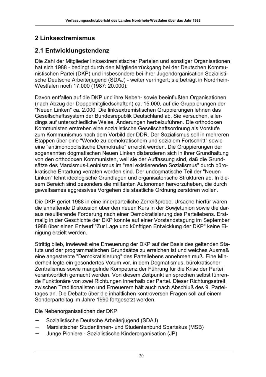 Seite 20 des Verfassungsschutzbericht 1988 Nordrhein-Westfalen