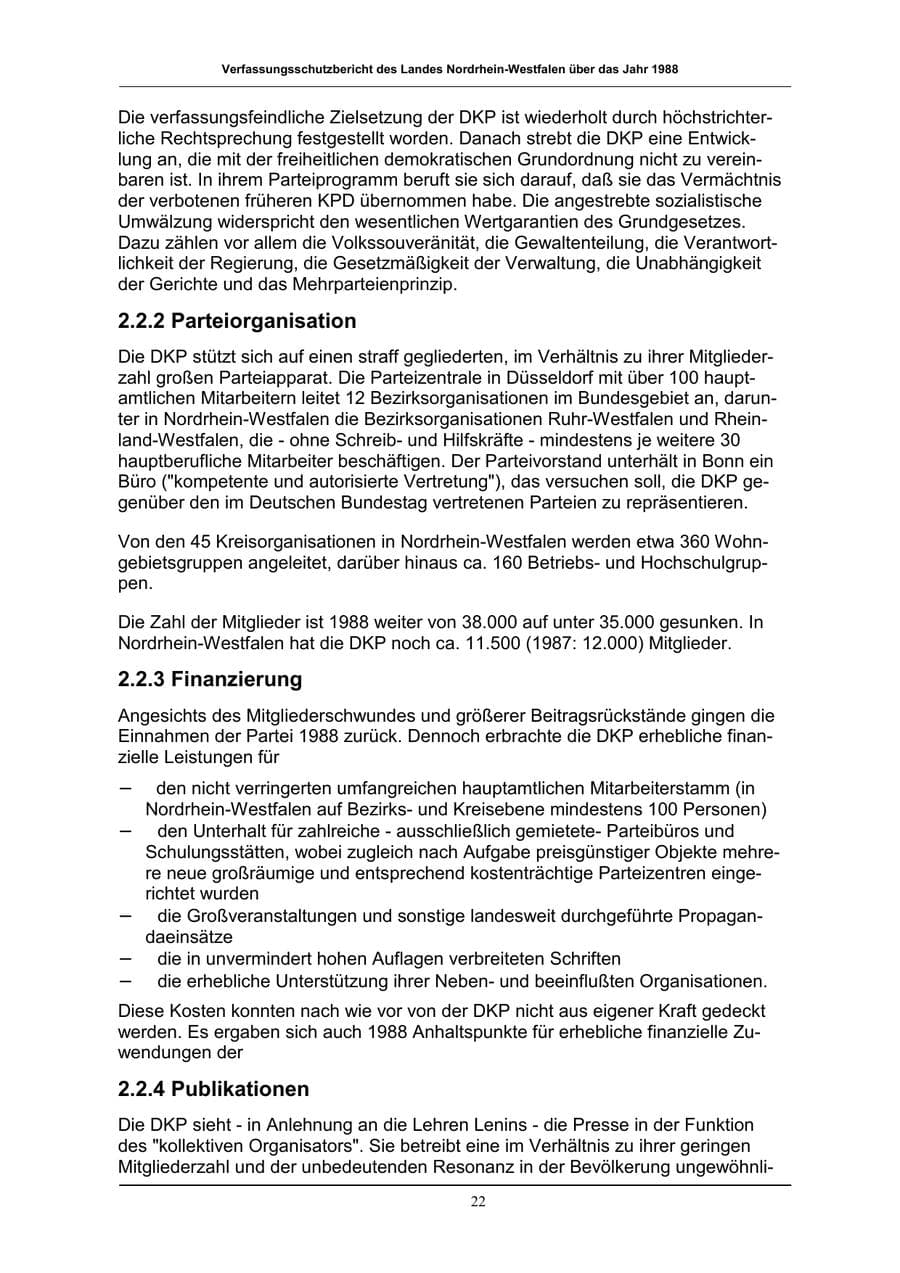 Seite 22 des Verfassungsschutzbericht 1988 Nordrhein-Westfalen