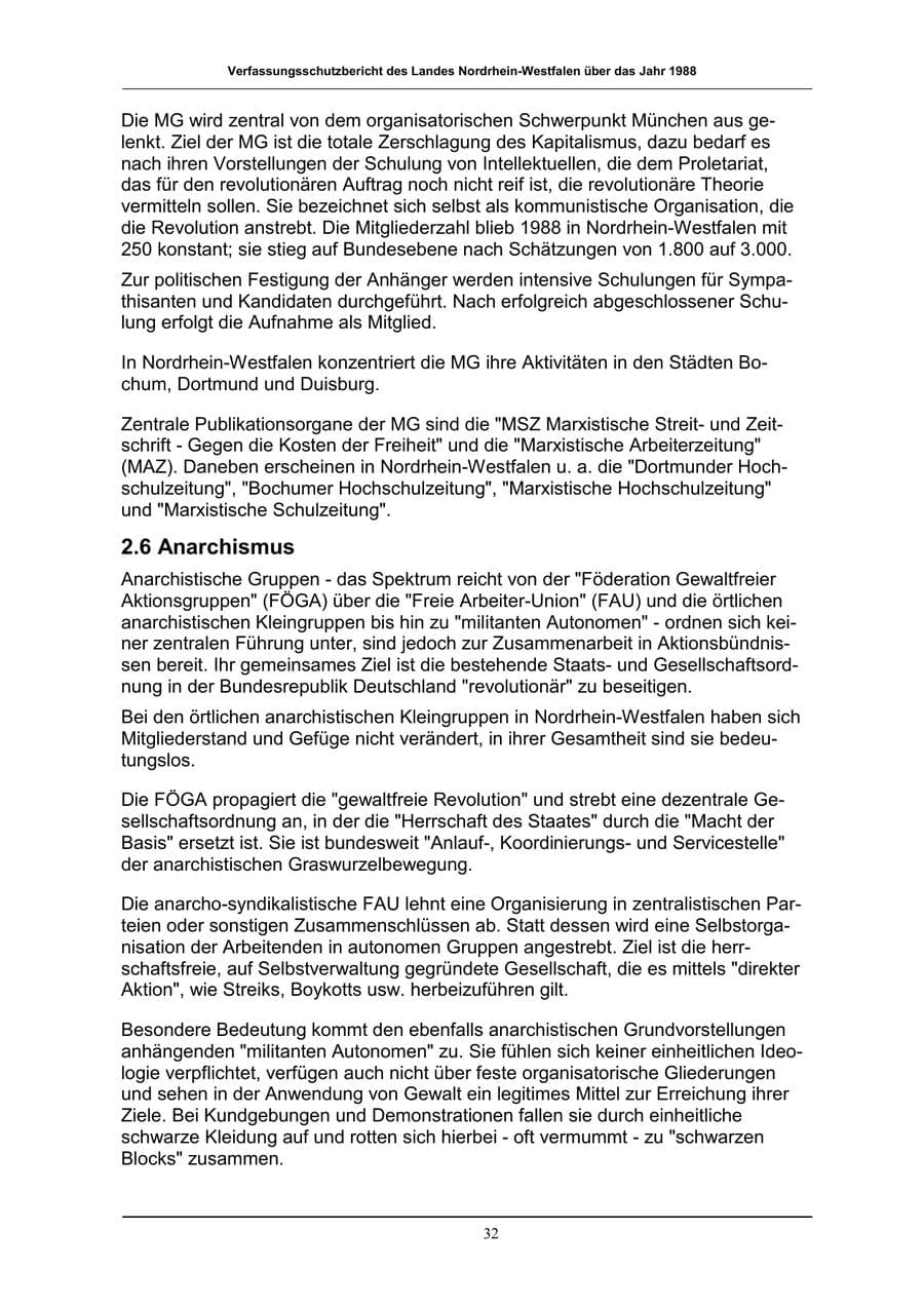 Seite 32 des Verfassungsschutzbericht 1988 Nordrhein-Westfalen