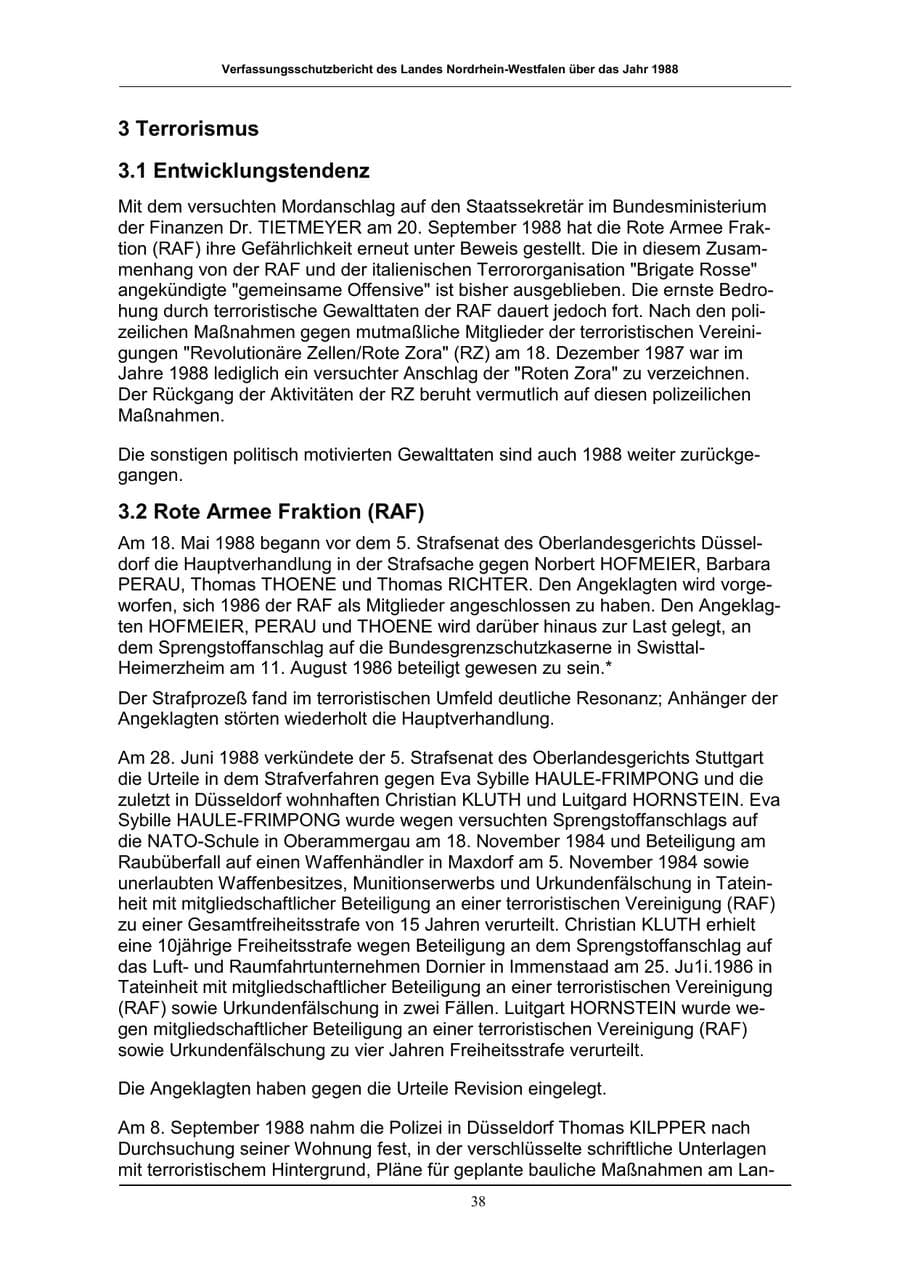 Seite 38 des Verfassungsschutzbericht 1988 Nordrhein-Westfalen