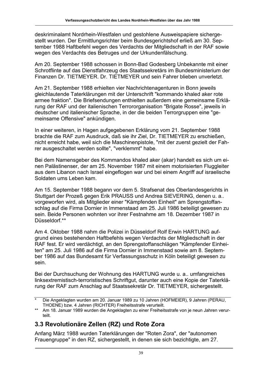 Seite 39 des Verfassungsschutzbericht 1988 Nordrhein-Westfalen