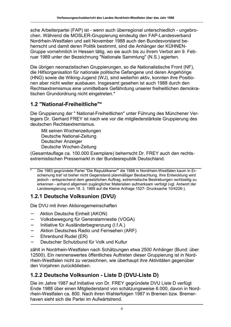Seite 6 des Verfassungsschutzbericht 1988 Nordrhein-Westfalen