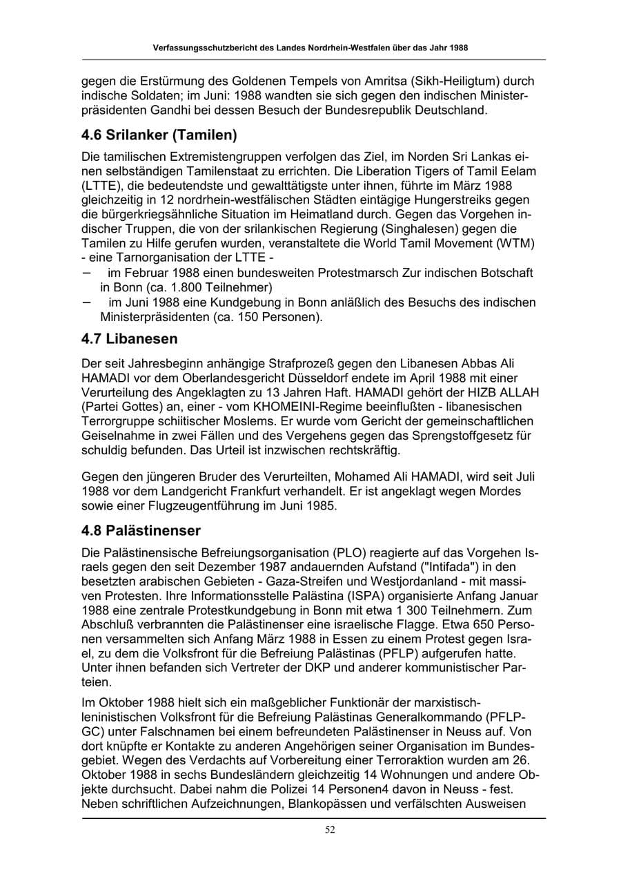 Seite 52 des Verfassungsschutzbericht 1988 Nordrhein-Westfalen