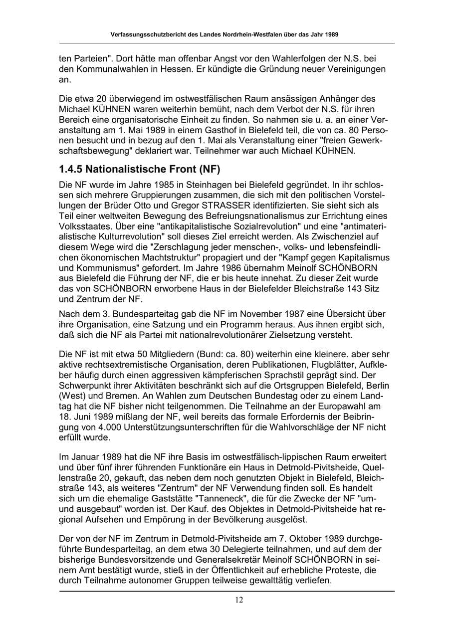Seite 12 des Verfassungsschutzbericht 1989 Nordrhein-Westfalen