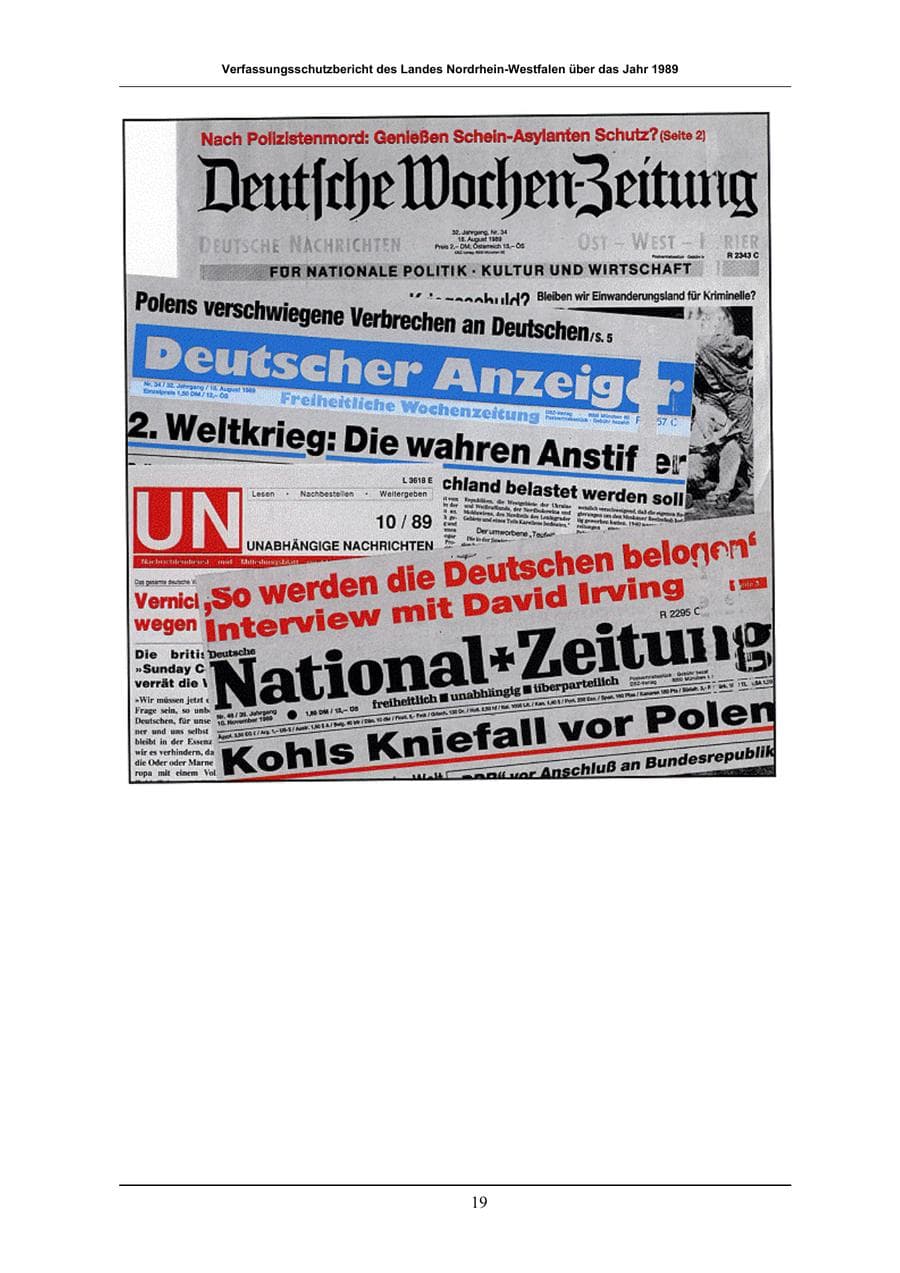 Seite 19 des Verfassungsschutzbericht 1989 Nordrhein-Westfalen