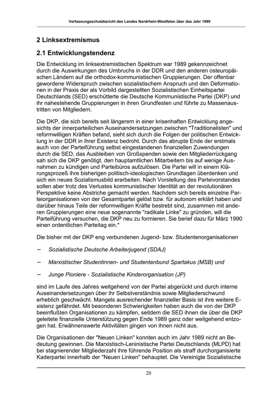 Seite 20 des Verfassungsschutzbericht 1989 Nordrhein-Westfalen