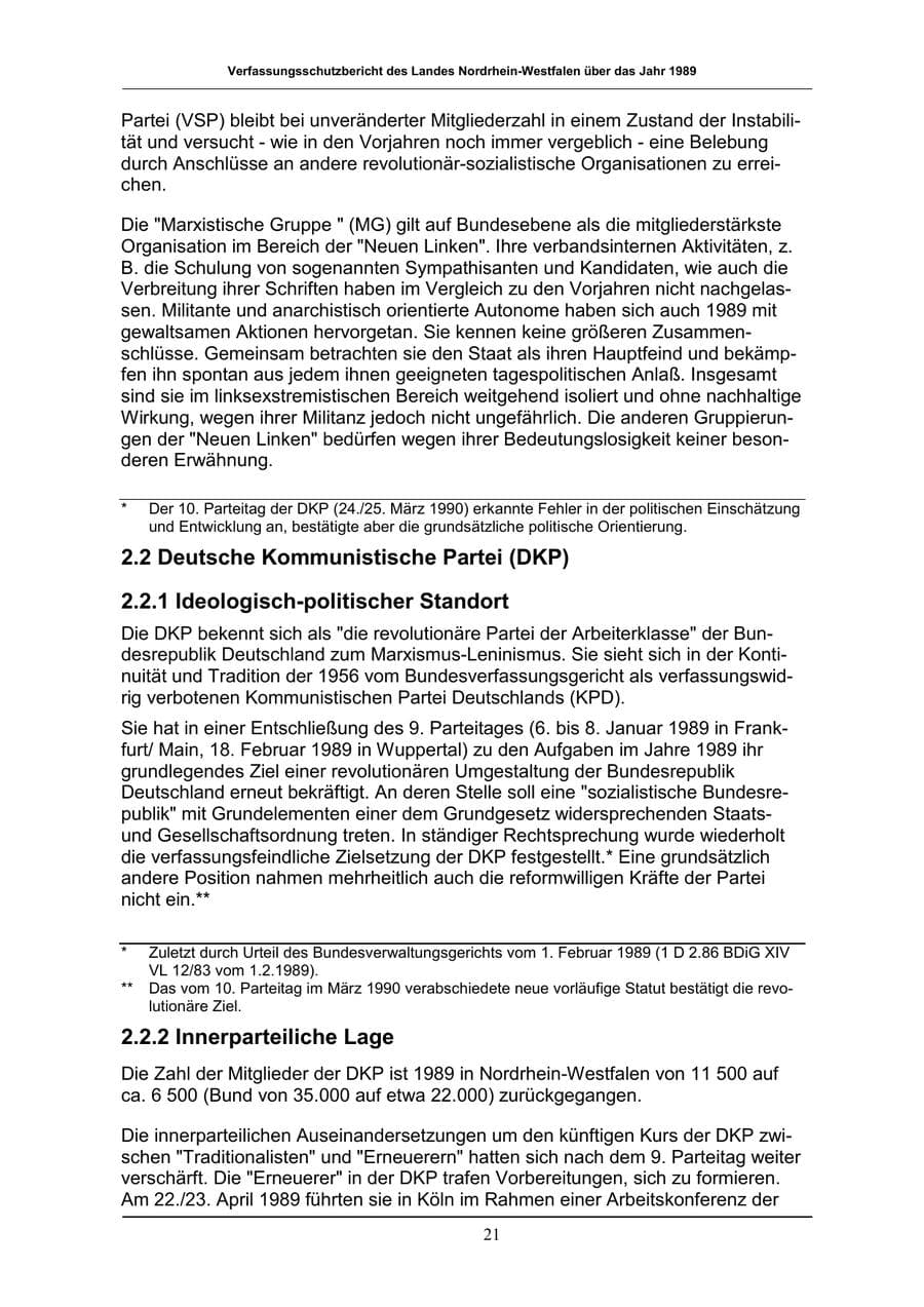 Seite 21 des Verfassungsschutzbericht 1989 Nordrhein-Westfalen