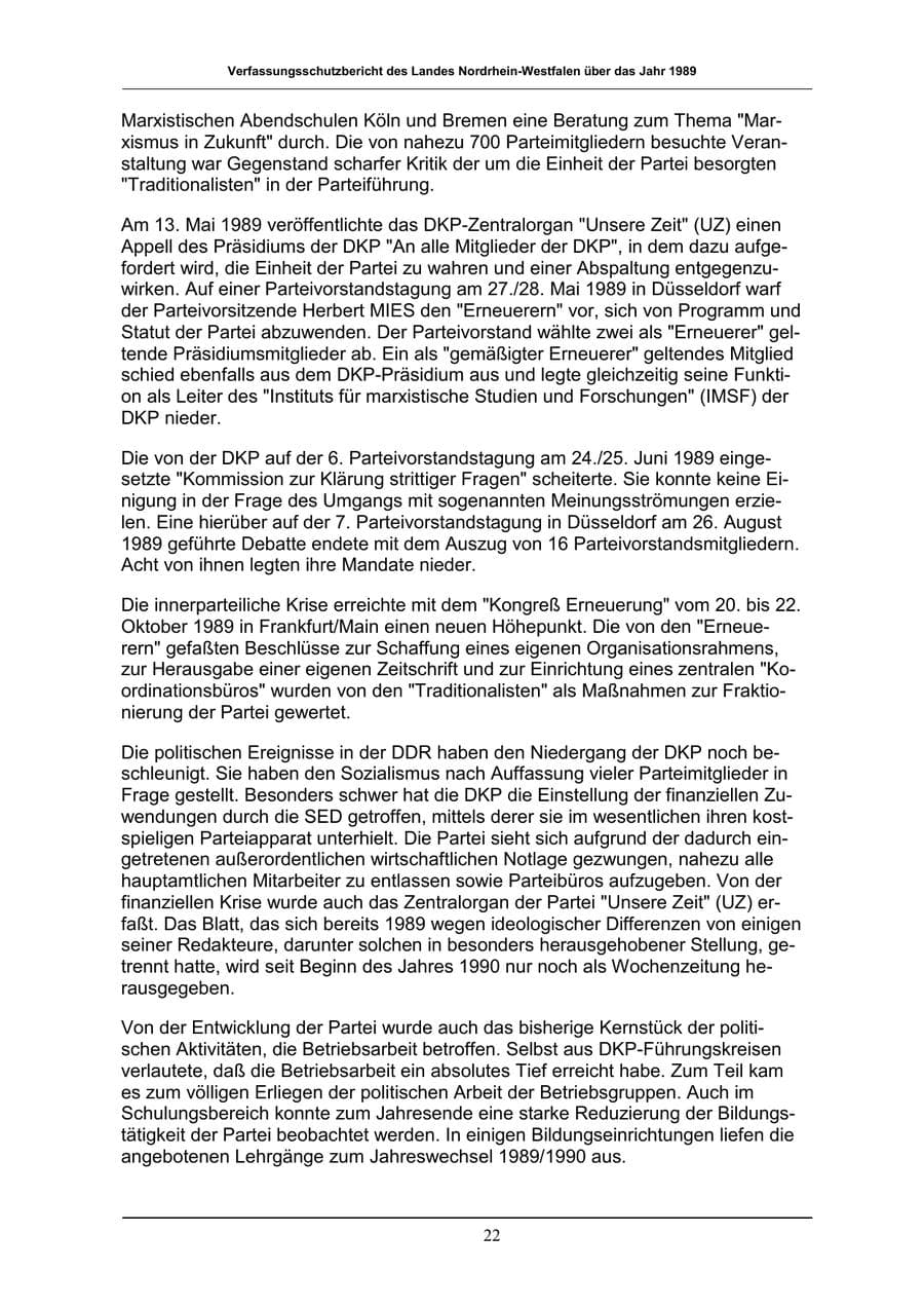 Seite 22 des Verfassungsschutzbericht 1989 Nordrhein-Westfalen